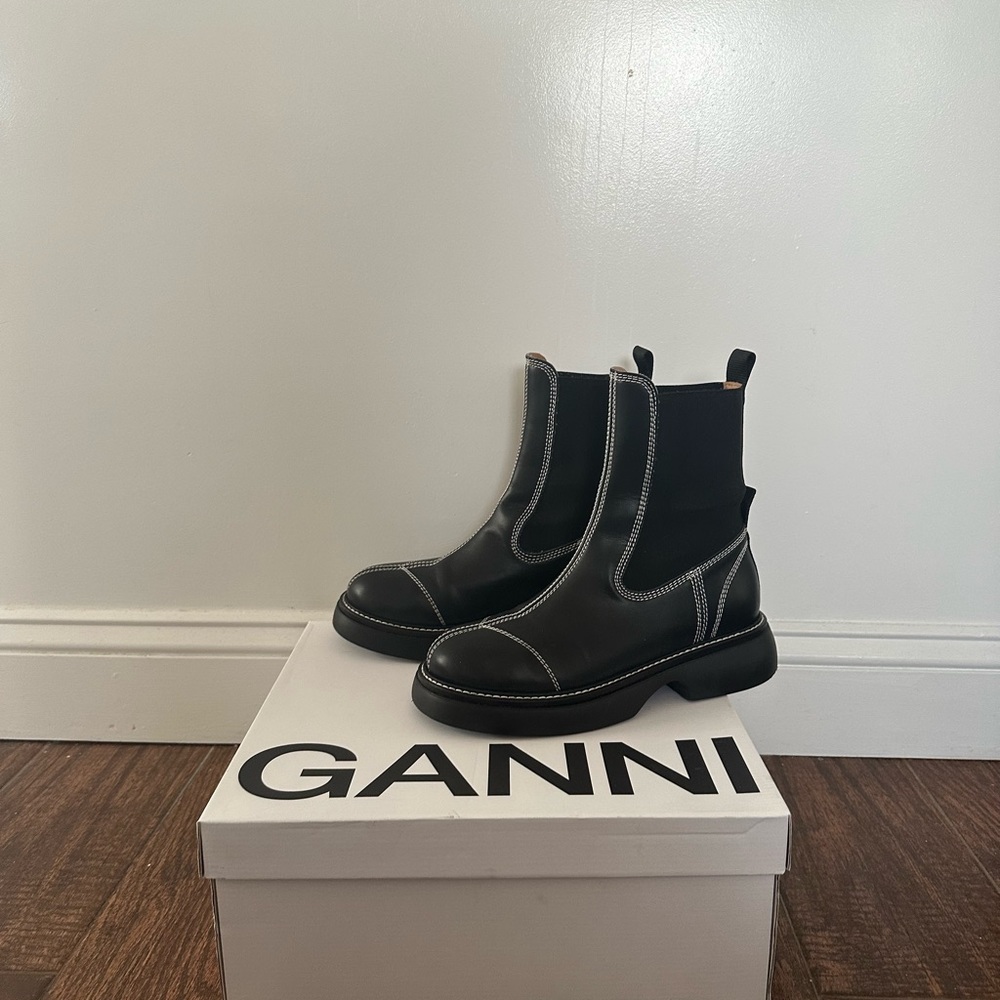 Ganni Black Ankle Boots with White Stitching